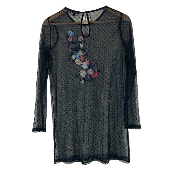 Guess Mesh Tunic Top Womens S Black Sheer Floral Embroidered Whimsigoth Dainty - Picture 3 of 4